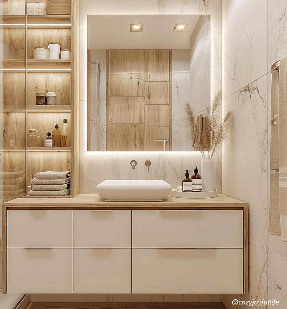 White and beige bathroom vanity with mirror and wooden countertop