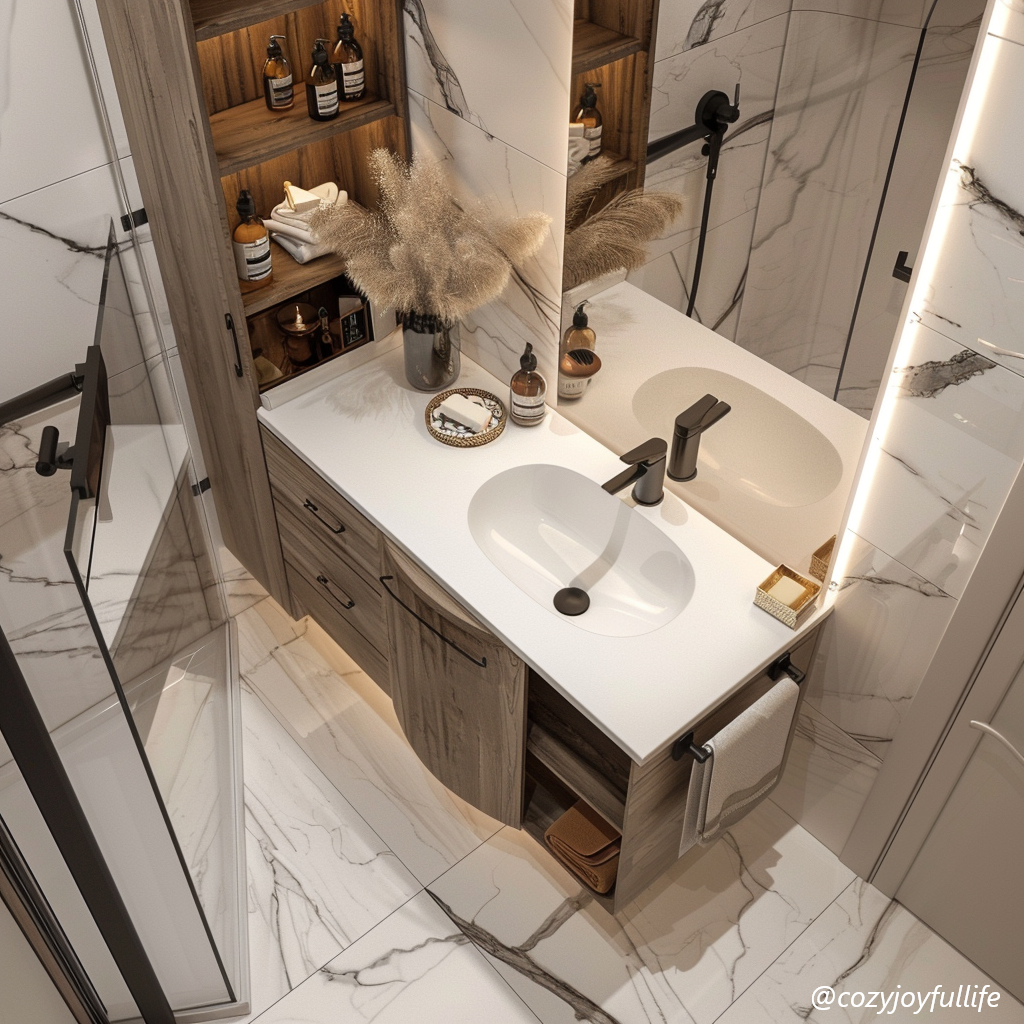 Wooden bathroom vanity in a small bathroom