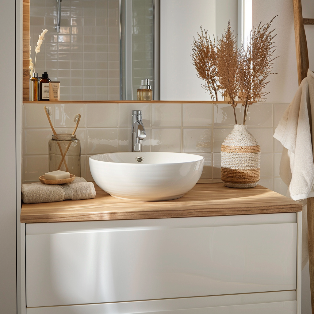 Bathroom vanity in beige and white