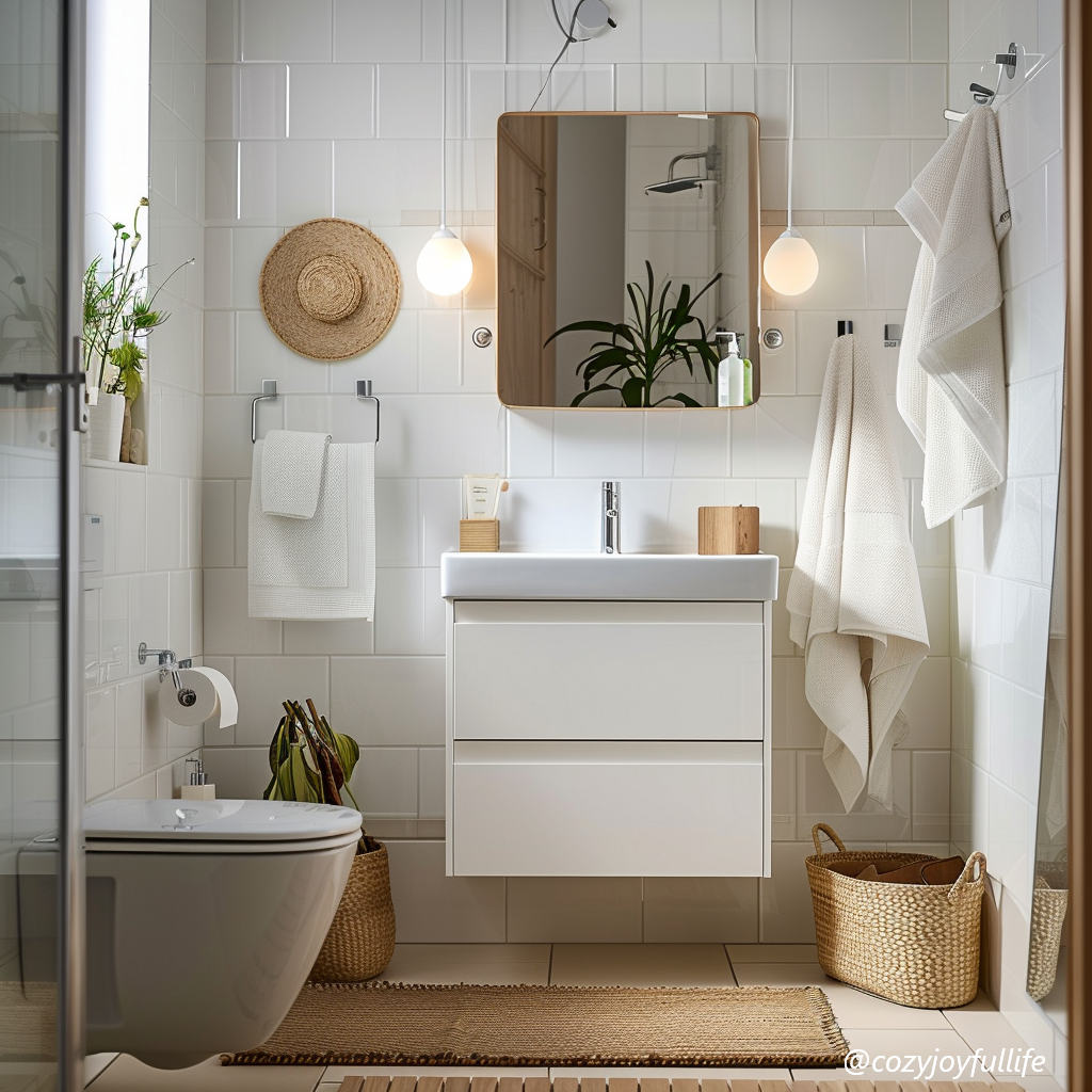 White bathroom vanity in a small bathroom