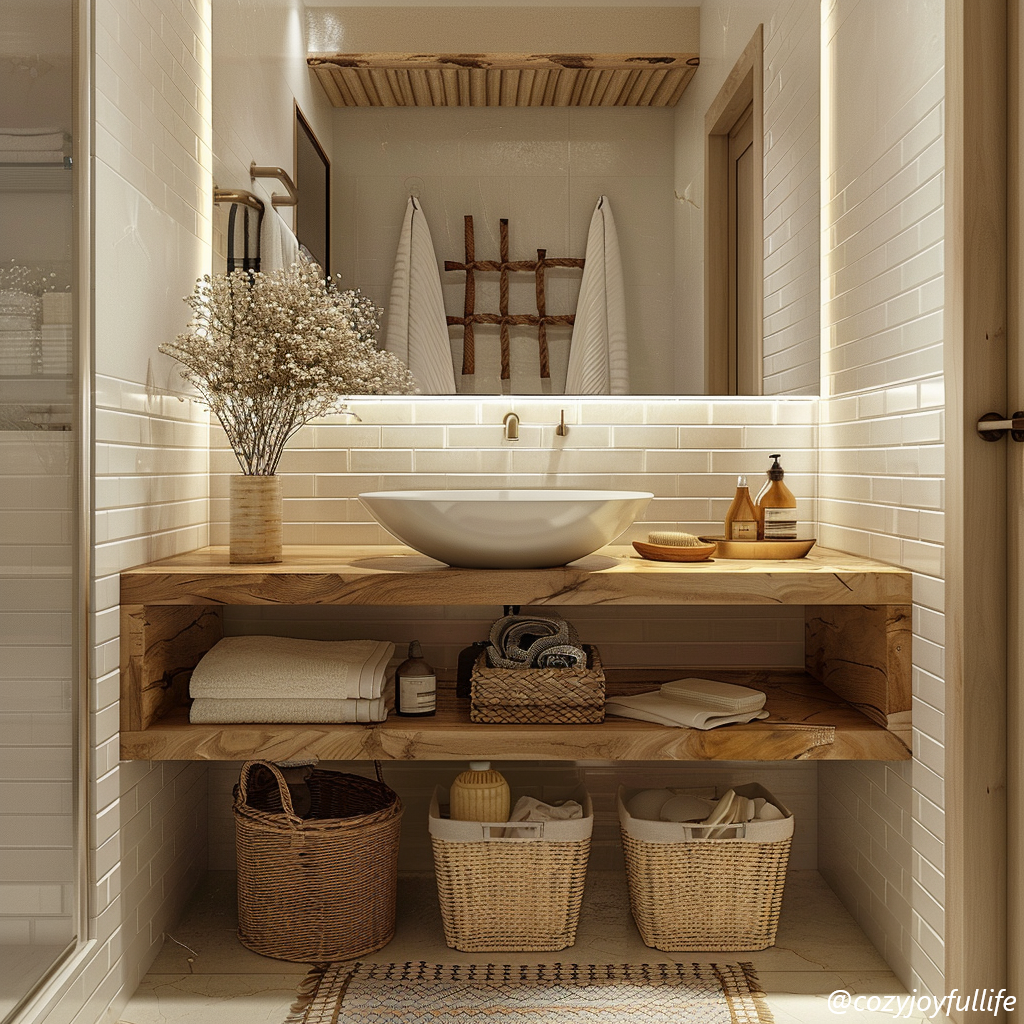 Floating wooden bathroom vanity in small bathroom with wicker baskets