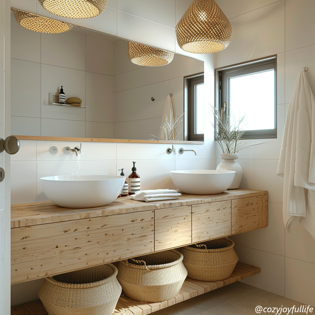 Wooden bathroom vanity with two sinks