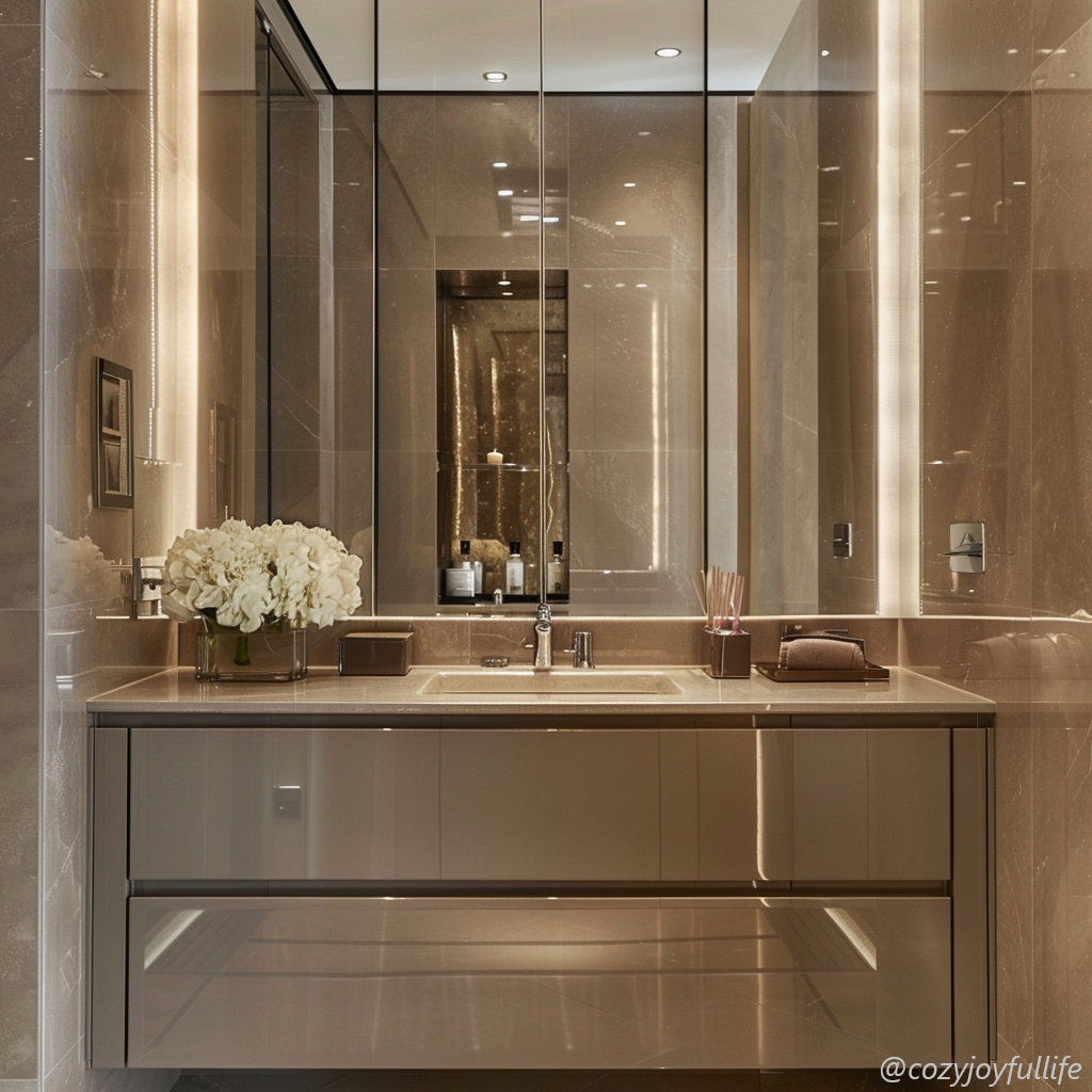 Taupe bathroom vanity with reflective surface