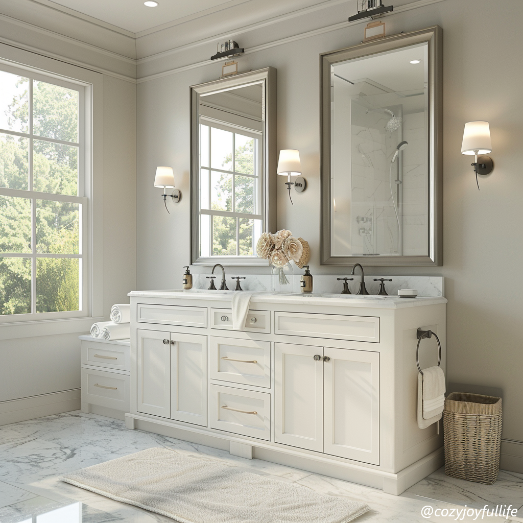 White bathroom vanity with double sing