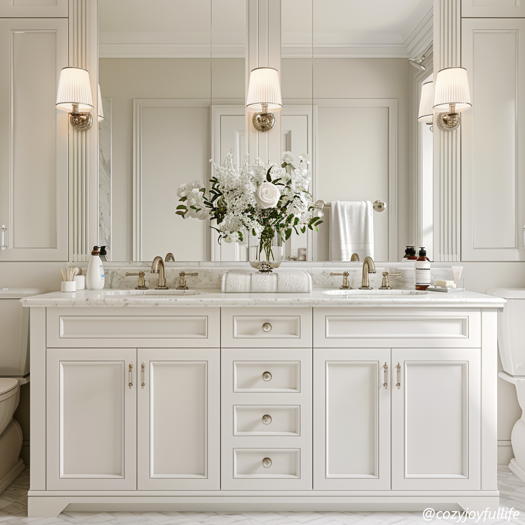 Classic elegant bathroom vanity with two sinks in white