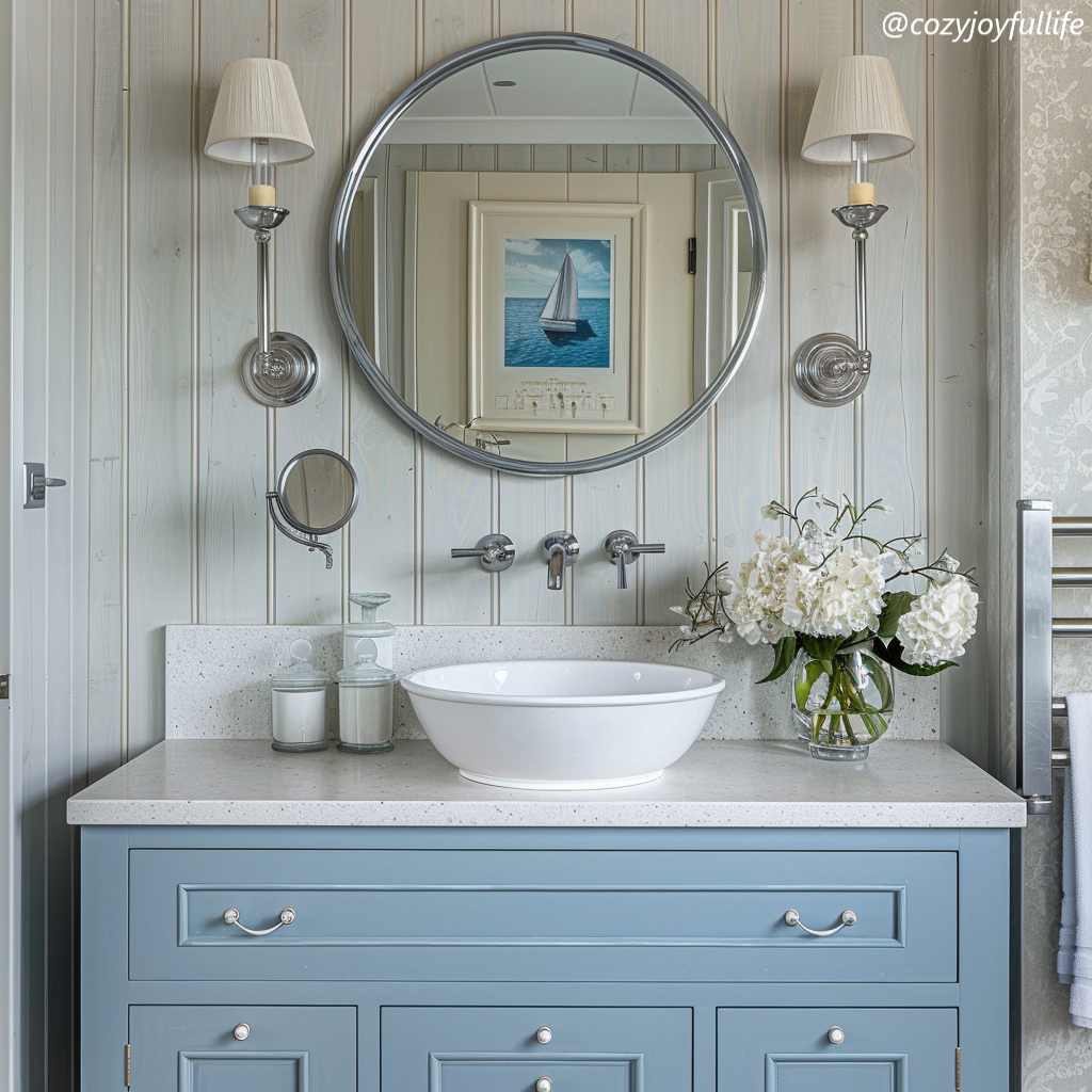 Coastal style bathroom vanity with marble countertop